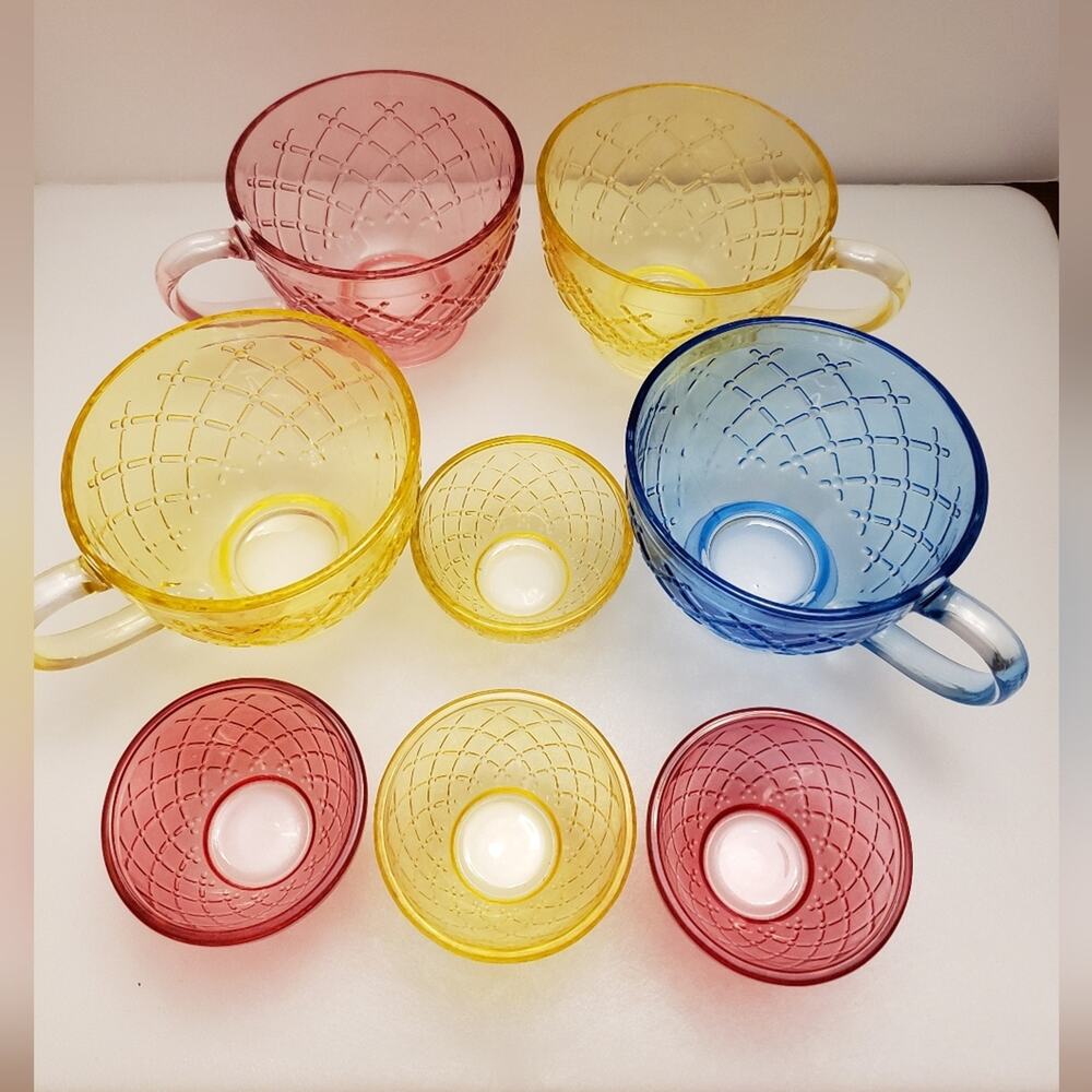 Lot of 4 decorative‎ glass cups 12 oz and 4 small bowls 3 oz multi colored